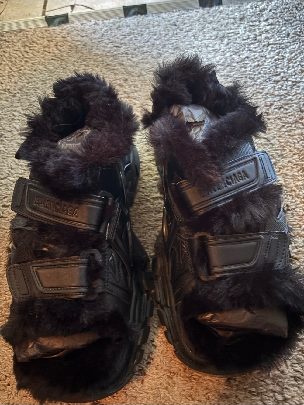 Balenciaga Black Fur-Trim Chunky Sandal-Sneakers